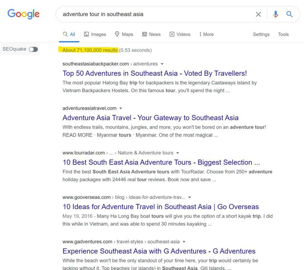 Adventure tours in Southeast Asia keyword ranking